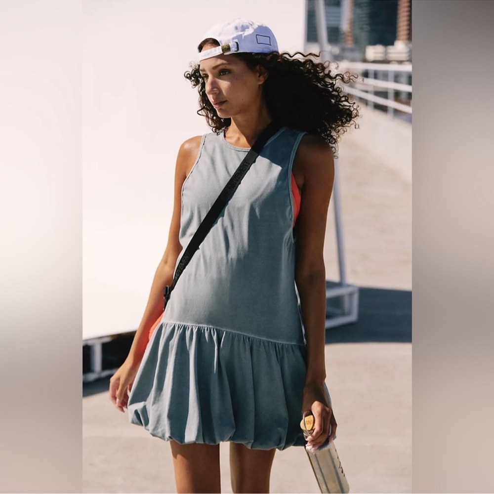 Free People Dusty Blue Ruffle-Hem Mini Dress with White Cap Sleeves - Picture 6 of 13